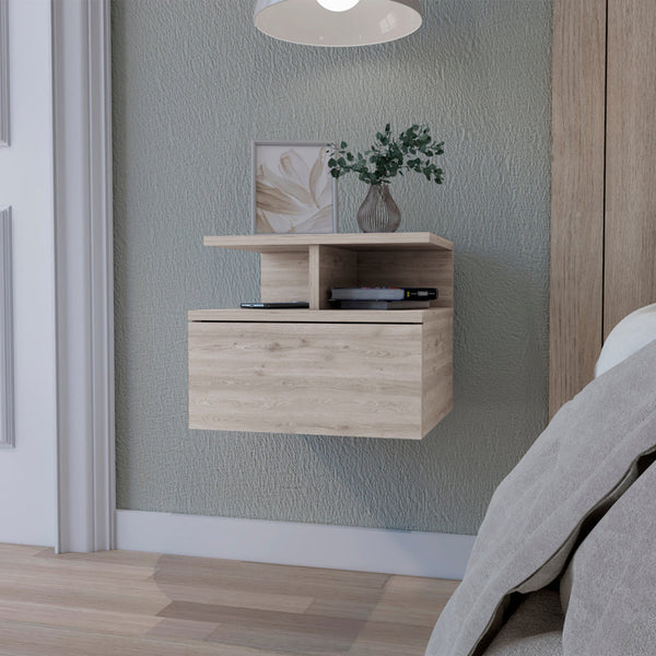 English Elm Light Gray Floating Nightstand with Drawer & 2-Tier Shelf — Wall-Mounted Space-Saving Storage, Modern Design B062P175812