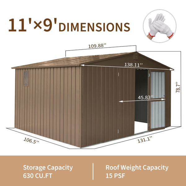 English Elm Backyard Steel Storage Shed 11x9 Ft with Lockable Doors and Ventilated Sloped Roof Brown W1859S00067
