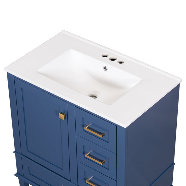 English Elm 30" Modern Bathroom Vanity with Solid Wood Frame, Ceramic Sink, Gold Handles & Soft-Close Storage Blue WF321698AAC