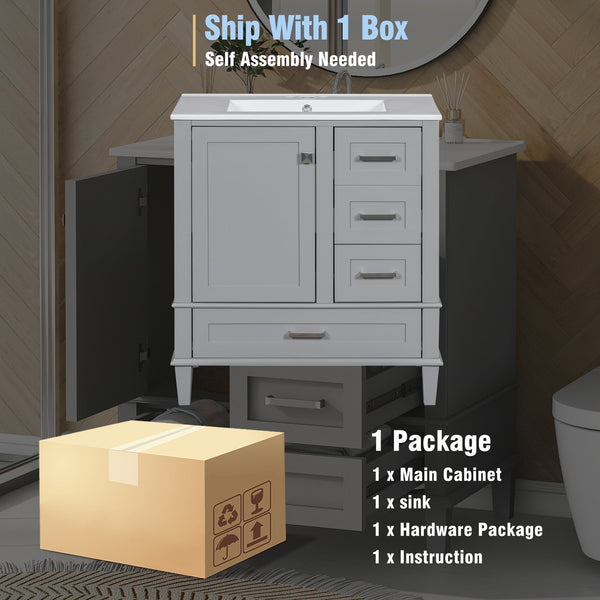 English Elm 30" Modern Bathroom Vanity with Solid Wood Frame, Ceramic Sink, Gold Handles & Soft-Close Storage Grey WF321698AAE