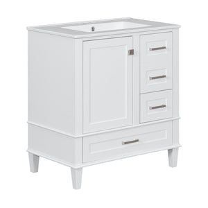 English Elm 30" Modern Bathroom Vanity with Solid Wood Frame, Ceramic Sink, Gold Handles & Soft-Close Storage White WF321698AAK