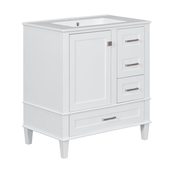 English Elm 30" Modern Bathroom Vanity with Solid Wood Frame, Ceramic Sink, Gold Handles & Soft-Close Storage White WF321698AAK