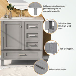 English Elm 30" Modern Bathroom Vanity with Solid Wood Frame, Ceramic Sink, Gold Handles & Soft-Close Storage Grey WF321698AAE