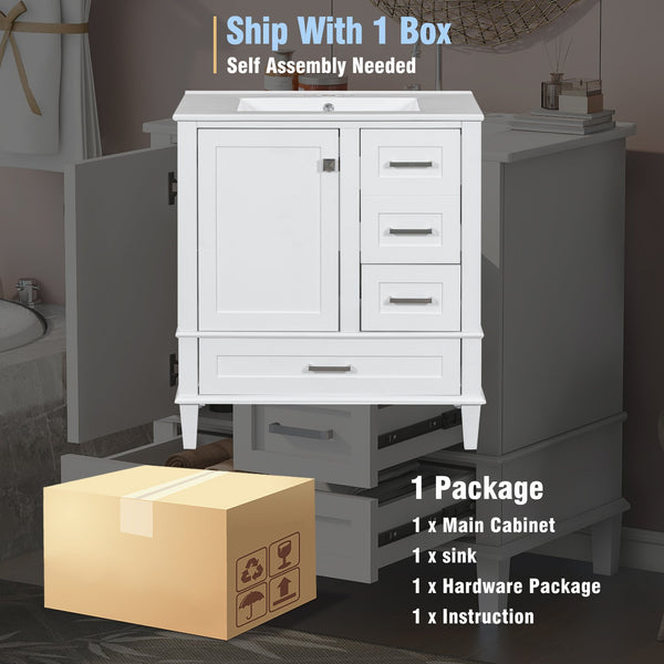 English Elm 30" Modern Bathroom Vanity with Solid Wood Frame, Ceramic Sink, Gold Handles & Soft-Close Storage White WF321698AAK