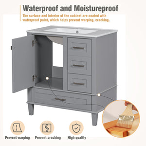 English Elm 30" Modern Bathroom Vanity with Solid Wood Frame, Ceramic Sink, Gold Handles & Soft-Close Storage Grey WF321698AAE