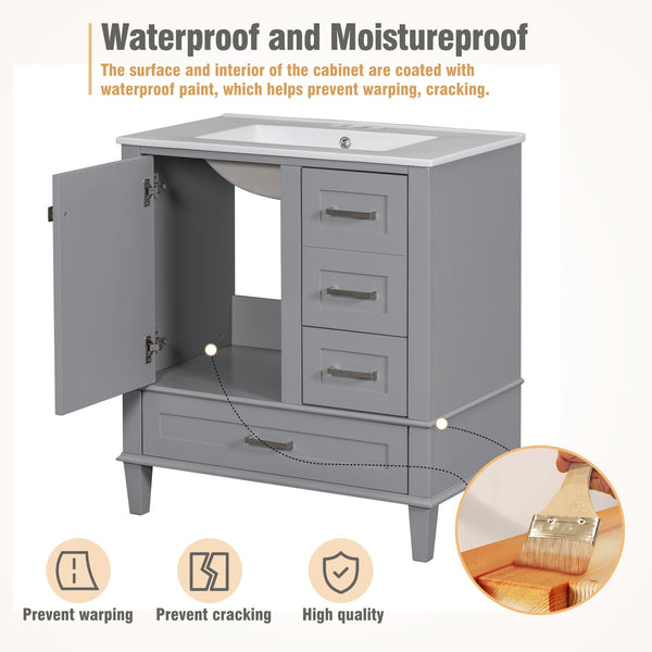 English Elm 30" Modern Bathroom Vanity with Solid Wood Frame, Ceramic Sink, Gold Handles & Soft-Close Storage Grey WF321698AAE