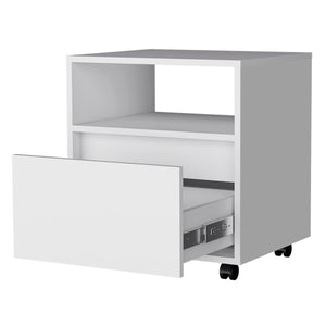English Elm White Modern 1-Drawer Nightstand on Casters with Open Top Shelf, Compact Mobile Storage for Bedrooms B062P175808