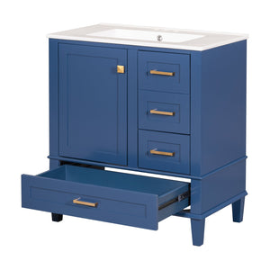English Elm 30" Modern Bathroom Vanity with Solid Wood Frame, Ceramic Sink, Gold Handles & Soft-Close Storage Blue WF321698AAC