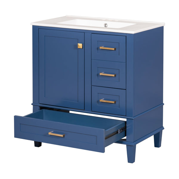 English Elm 30" Modern Bathroom Vanity with Solid Wood Frame, Ceramic Sink, Gold Handles & Soft-Close Storage Blue WF321698AAC