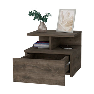 English Elm Dark Walnut Floating Nightstand with Drawer & 2-Tier Shelf — Wall-Mounted Space-Saving Bedside Organizer (13.2"W, 14"D) B062P175810