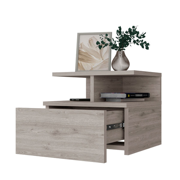 English Elm Light Gray Floating Nightstand with Drawer & 2-Tier Shelf — Wall-Mounted Space-Saving Storage, Modern Design B062P175812