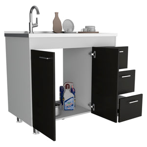 English Elm Ferretti Modern Base Cabinet with Double Door, Three Drawers, Faucet Hole and Sturdy Four Legs Multicolor 43.7 L x 25.6 W x 7.9 H B200S00119