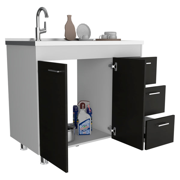 English Elm Ferretti Modern Base Cabinet with Double Door, Three Drawers, Faucet Hole and Sturdy Four Legs Multicolor 43.7 L x 25.6 W x 7.9 H B200S00119