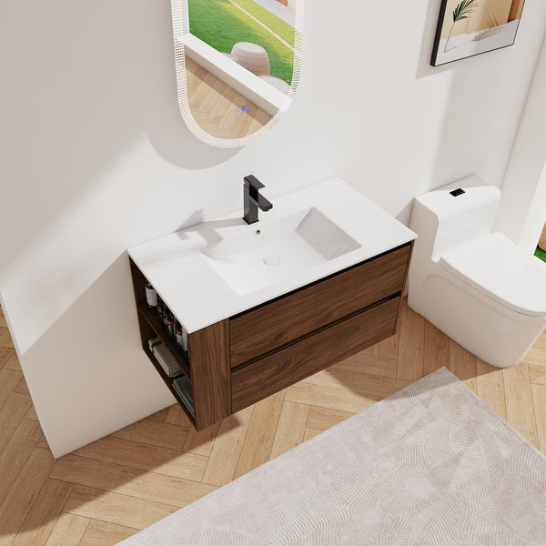 English Elm 36" Wall Mount Bathroom Vanity With High-Quality Ceramic Sink & Soft-Close Drawers For Storage W999S00143