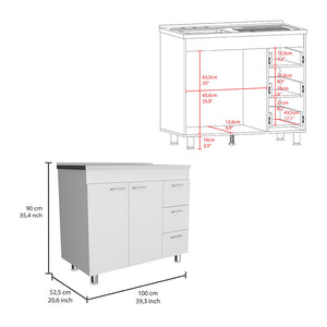 English Elm Ferretti Modern Base Cabinet with Double Door, Three Drawers, Faucet Hole and Sturdy Four Legs White 43.7 L x 25.6 W x 7.9 H B200S00120