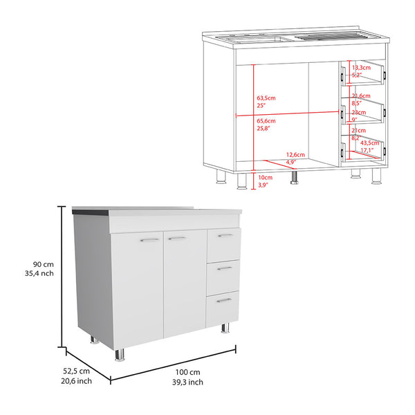 English Elm Ferretti Modern Base Cabinet with Double Door, Three Drawers, Faucet Hole and Sturdy Four Legs White 43.7 L x 25.6 W x 7.9 H B200S00120