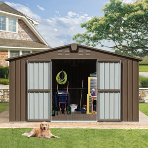 English Elm Backyard Steel Storage Shed 11x9 Ft with Lockable Doors and Ventilated Sloped Roof Brown W1859S00067
