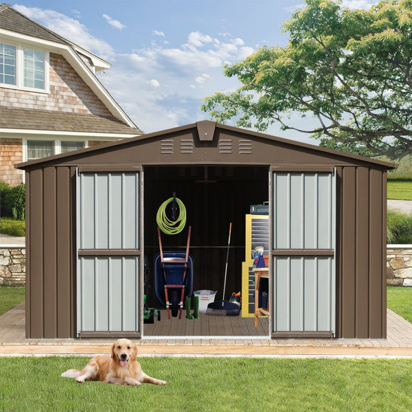 English Elm Backyard Steel Storage Shed 11x9 Ft with Lockable Doors and Ventilated Sloped Roof Brown W1859S00067