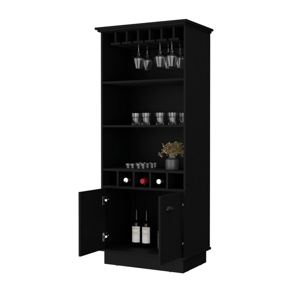 English Elm Wenge Modern Bar Cabinet with Glassware Rack, 5 Bottle Holders, Two Doors & 3 Shelves for Entertaining B062S00394