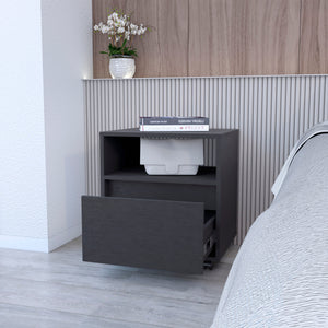 English Elm Wenge Mobile Nightstand with Drawer & Open Shelf on Casters — Modern Compact Storage for Bedrooms B062P175809