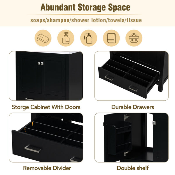 English Elm 30" Black Bathroom Vanity with Undermount Sink, Solid Wood Frame, Soft-Close Doors & Drawer Organizer WF324043AAB