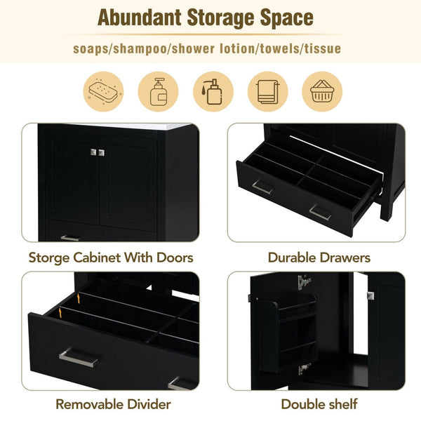 English Elm Modern 48 Inch Freestanding Bathroom Vanity Dual Ceramic Sinks Soft Close Gold Handles Black N729P000001B