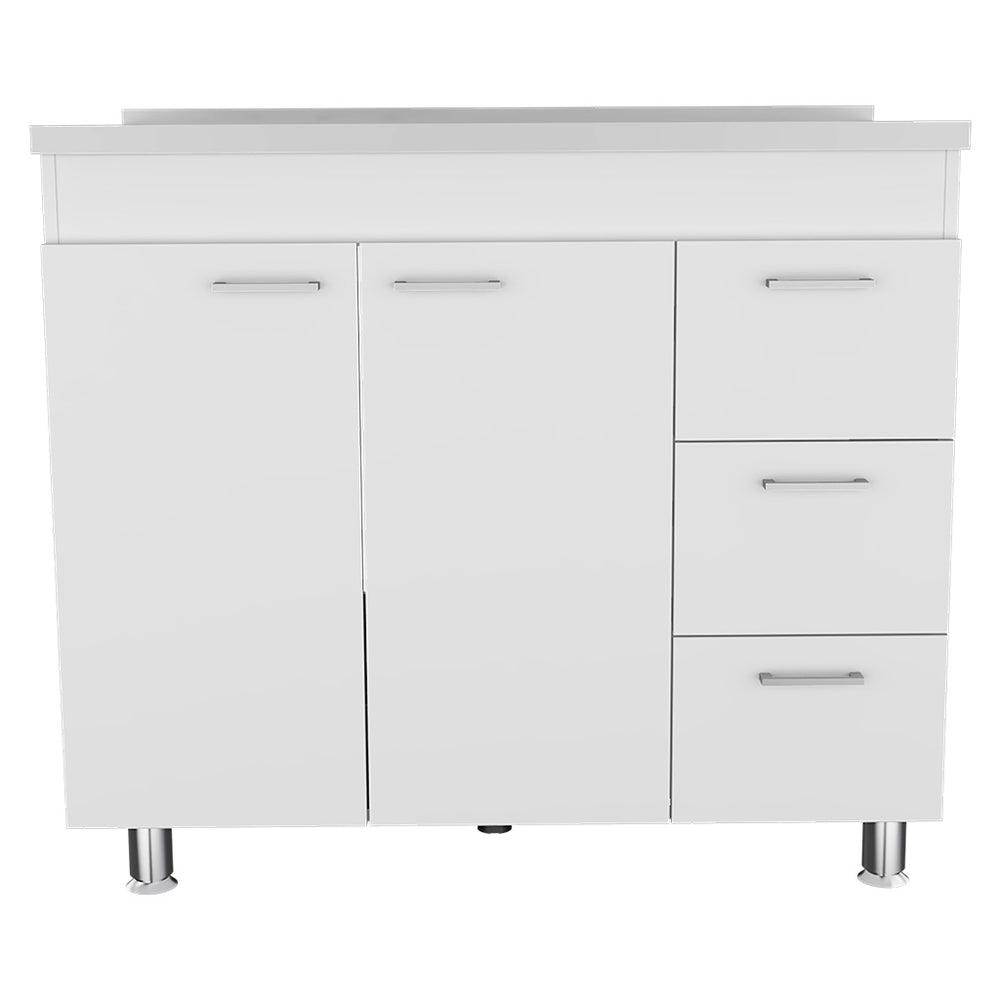 English Elm Ferretti modern base cabinet with three drawers, double doors and four legs for stylish storage White 43.7 L x 25.6 W x 7.9 H B070S00120