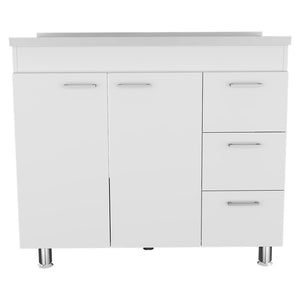 English Elm Ferretti modern base cabinet with three drawers, double doors and four legs for stylish storage White 43.7 L x 25.6 W x 7.9 H B070S00120