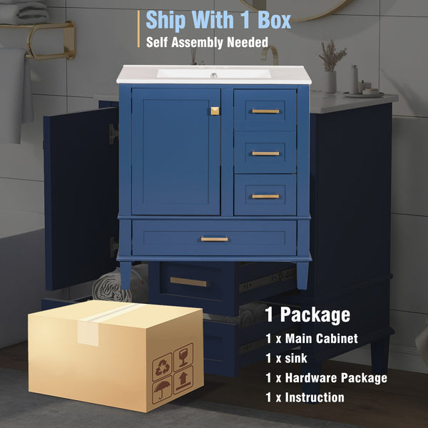 English Elm 30" Modern Bathroom Vanity with Solid Wood Frame, Ceramic Sink, Gold Handles & Soft-Close Storage Blue WF321698AAC