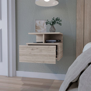 English Elm Light Gray Floating Nightstand with Drawer & 2-Tier Shelf — Wall-Mounted Space-Saving Storage, Modern Design B062P175812