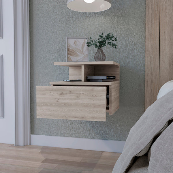 English Elm Light Gray Floating Nightstand with Drawer & 2-Tier Shelf — Wall-Mounted Space-Saving Storage, Modern Design B062P175812