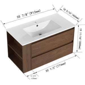 English Elm 36" Wall Mount Bathroom Vanity With High-Quality Ceramic Sink & Soft-Close Drawers For Storage W999S00143
