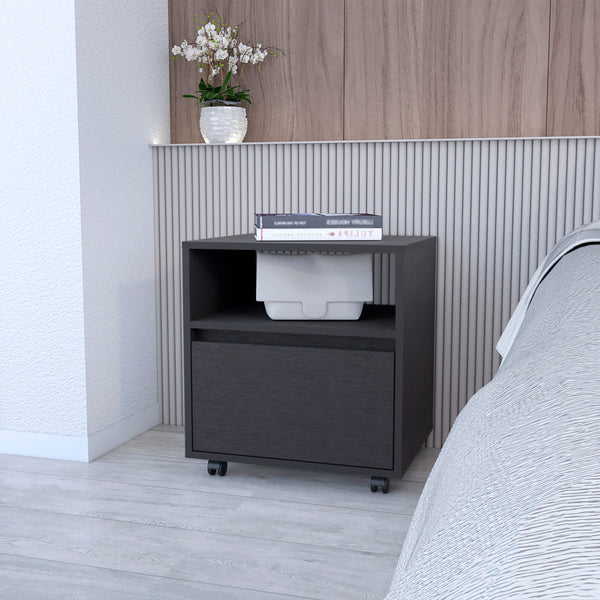 English Elm Wenge Mobile Nightstand with Drawer & Open Shelf on Casters — Modern Compact Storage for Bedrooms B062P175809