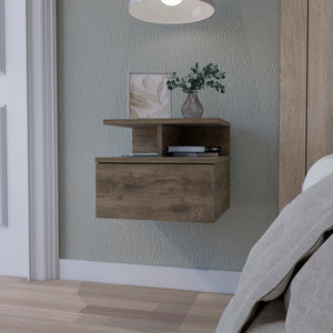 English Elm Dark Walnut Floating Nightstand with Drawer & 2-Tier Shelf — Wall-Mounted Space-Saving Bedside Organizer (13.2"W, 14"D) B062P175810