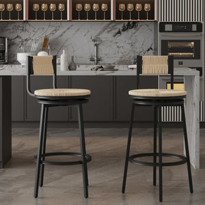 English Elm Creamy Hand Woven Paper Rope Swivel Barstools Set of 2 with Black Steel Frame for Kitchen Creamy White W1757P144565