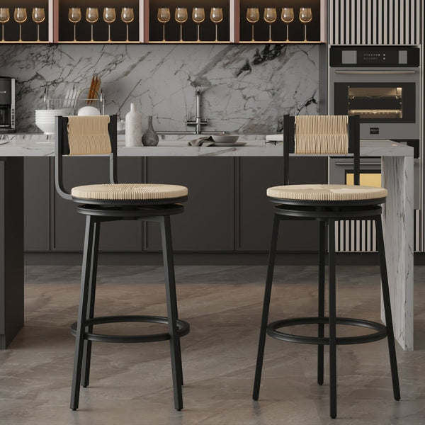 English Elm Creamy Hand Woven Paper Rope Swivel Barstools Set of 2 with Black Steel Frame for Kitchen Creamy White W1757P144565