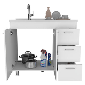 English Elm Ferretti Modern Base Cabinet with Double Door, Three Drawers, Faucet Hole and Sturdy Four Legs White 43.7 L x 25.6 W x 7.9 H B200S00120