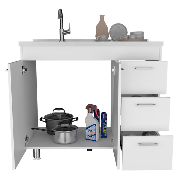 English Elm Ferretti Modern Base Cabinet with Double Door, Three Drawers, Faucet Hole and Sturdy Four Legs White 43.7 L x 25.6 W x 7.9 H B200S00120
