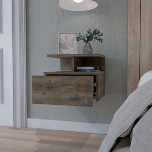 English Elm Dark Walnut Floating Nightstand with Drawer & 2-Tier Shelf — Wall-Mounted Space-Saving Bedside Organizer (13.2"W, 14"D) B062P175810