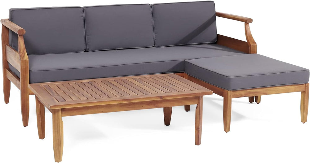 English Elm Christopher Knight Home® - Aston Teak Acacia Wood 3-Seater Outdoor Sofa Chat Set with Ottoman, Slat Design & Water-Resist Cushions 73001.00DGRY_74100.00DGRY