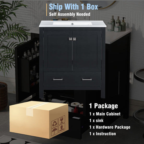 English Elm 30" Black Bathroom Vanity with Undermount Sink, Solid Wood Frame, Soft-Close Doors & Drawer Organizer WF324043AAB
