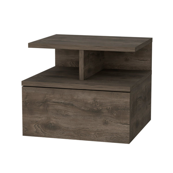 English Elm Dark Walnut Floating Nightstand with Drawer & 2-Tier Shelf — Wall-Mounted Space-Saving Bedside Organizer (13.2"W, 14"D) B062P175810