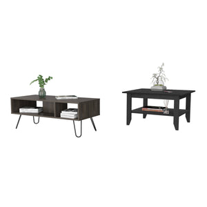 English Elm Wenge Two-Piece Coffee Table Set with Hairpin Legs, Espresso Finish, Open Shelves for Stylish Storage and Display B062S00398