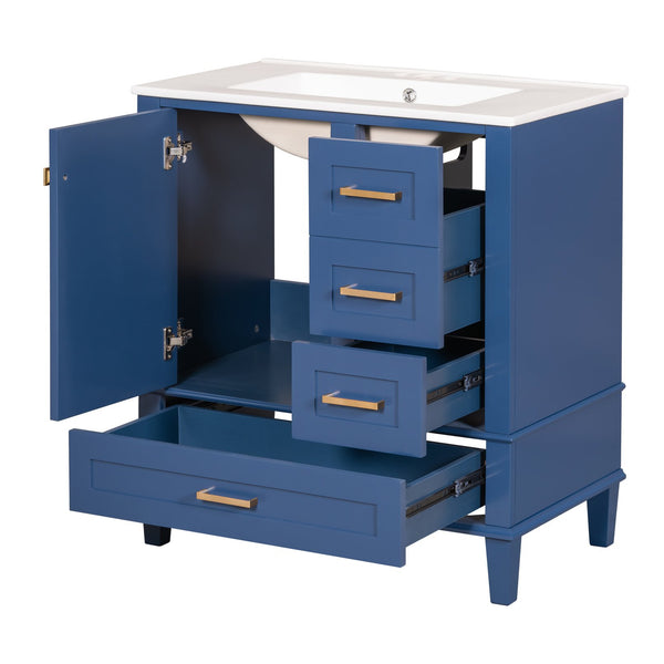 English Elm 30" Modern Bathroom Vanity with Solid Wood Frame, Ceramic Sink, Gold Handles & Soft-Close Storage Blue WF321698AAC