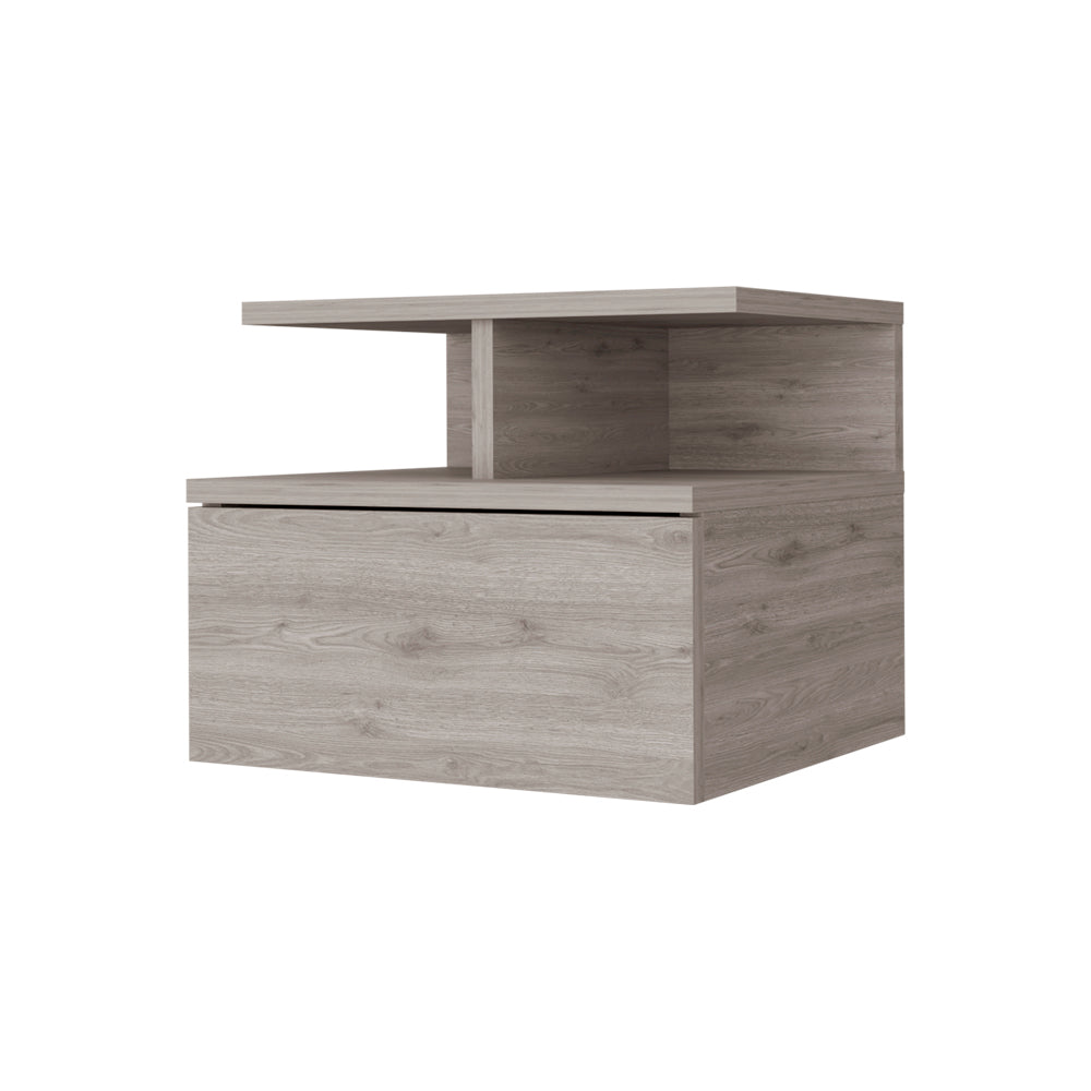 English Elm Light Gray Floating Nightstand with Drawer & 2-Tier Shelf — Wall-Mounted Space-Saving Storage, Modern Design B062P175812