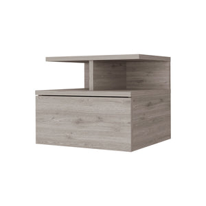 English Elm Light Gray Floating Nightstand with Drawer & 2-Tier Shelf — Wall-Mounted Space-Saving Storage, Modern Design B062P175812