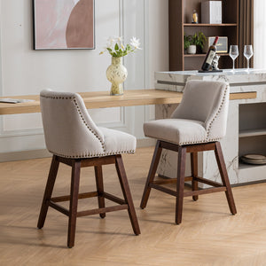 English Elm Counter Curved Back Swivel Barstool Set of 2 with 360° Rotation, Thick Cushions, Solid Wood Frame, 300 lb Capacity Beige W1143P151490