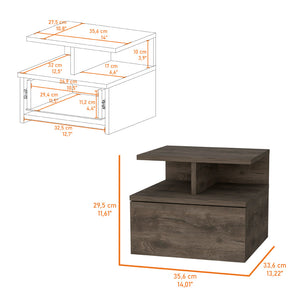 English Elm Dark Walnut Floating Nightstand with Drawer & 2-Tier Shelf — Wall-Mounted Space-Saving Bedside Organizer (13.2"W, 14"D) B062P175810