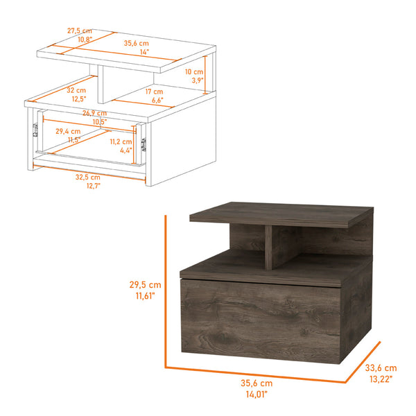 English Elm Dark Walnut Floating Nightstand with Drawer & 2-Tier Shelf — Wall-Mounted Space-Saving Bedside Organizer (13.2"W, 14"D) B062P175810