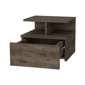 English Elm Dark Walnut Floating Nightstand with Drawer & 2-Tier Shelf — Wall-Mounted Space-Saving Bedside Organizer (13.2"W, 14"D) B062P175810